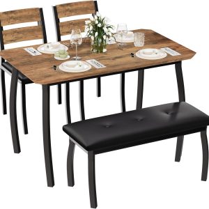 43'' Dining Table Set for 4, Wooden Kitchen Table with Upholstered Bench & 2 Cushion Chairs