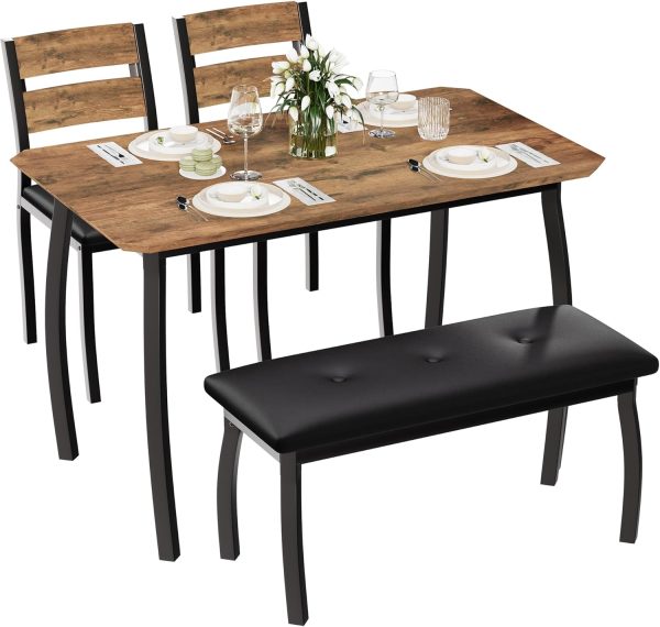 43'' Dining Table Set for 4, Wooden Kitchen Table with Upholstered Bench & 2 Cushion Chairs