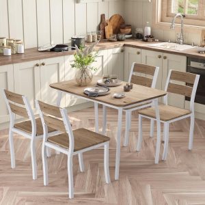 5 Piece Dining Table Set for 4, Space-Saving Kitchen Table with Wooden Seat Chairs