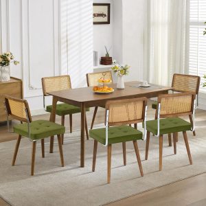 Natural Rattan Dining Chairs Set of 4, Modern Boho Kitchen Chairs with Wood Back & Legs