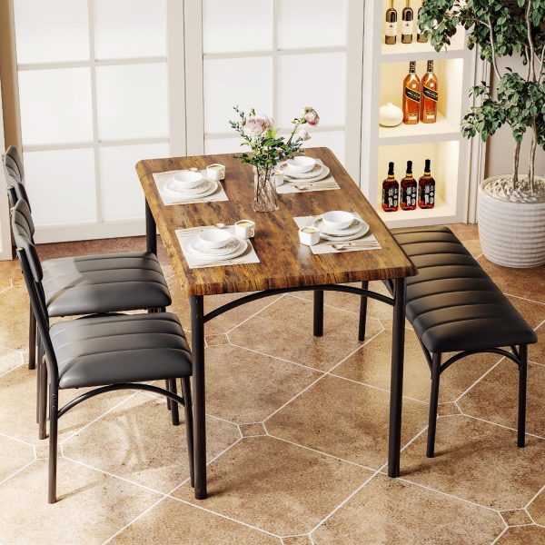 Dining Table Set for 4, Kitchen Table with Chairs for 4, Rectangular Wood Dining Room Table Set with Upholstered Bench for Small Space