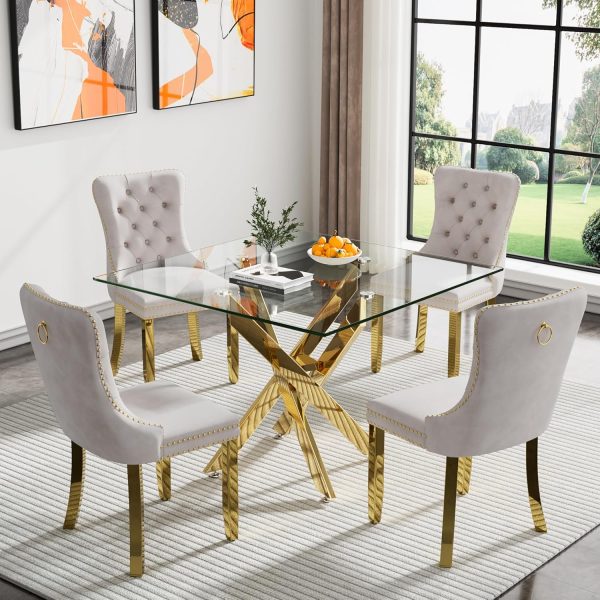 Gold Glass Dining Room Table Set for 4, 5 Pieces Modern 36" Square Kitchen Dining Table Set