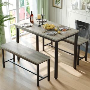 Dining Table Set for 4, 3-Piece Kitchen Table with 2 Benches