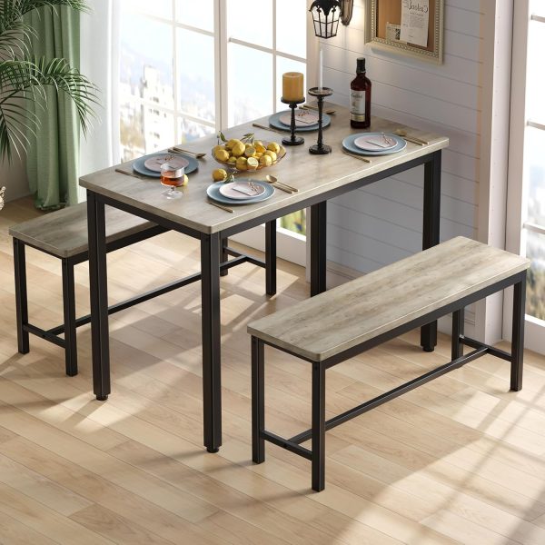 Dining Table Set for 4, 3-Piece Kitchen Table with 2 Benches - Image 4
