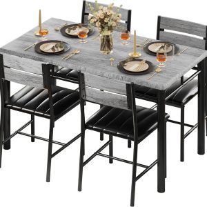 Dining Table Set for 4, Wood Kitchen Table with Upholstered Chairs for Kitchen Room and Small Spaces