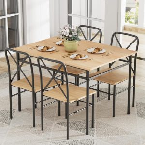 5-Piece Kitchen Dining Table Set, Wood Tabletop & Heavy-Duty Metel Frame