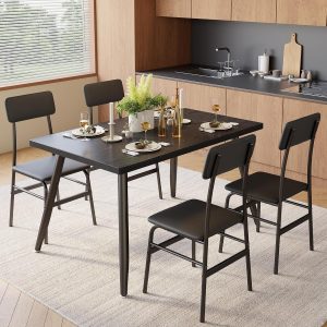 5 Piece Dining Table Set for 4, Modern Metal & Wood Kitchen Dinner Table with 4 Chairs