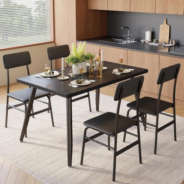 5 Piece Dining Table Set for 4, Modern Metal & Wood Kitchen Dinner Table with 4 Chairs