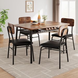 Dining Table Set for 4 with Storage Rack, 5-Piece Kitchen Table and Upholstered Chairs of 4