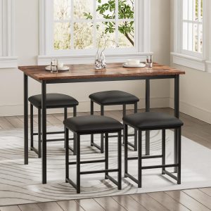 Kitchen Table and Chairs for 4, Dining Room Set with PU Chairs/Stools, Heavy-Duty Metal Frame