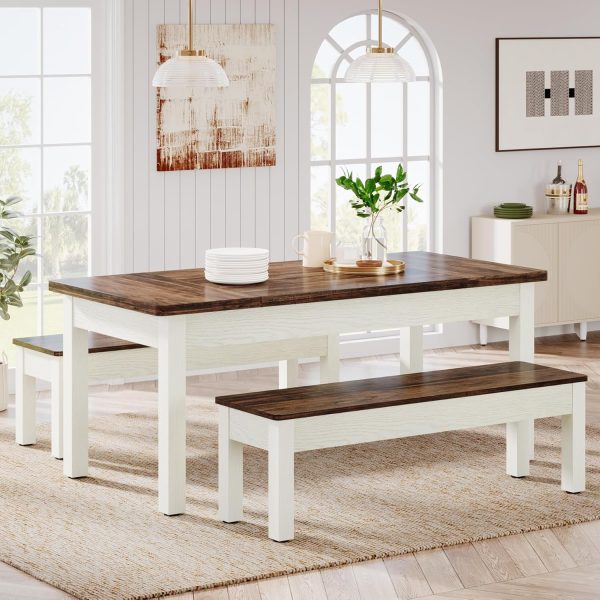 Farmhouse Kitchen Table Set for 4-6, 55-Inch Wooden Dining Table with 2 Benches - Image 4