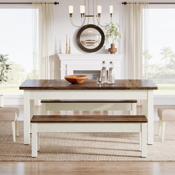 Farmhouse Kitchen Table Set for 4-6, 55-Inch Wooden Dining Table with 2 Benches - Image 3