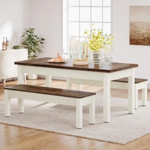 Farmhouse Kitchen Table Set for 4-6, 55-Inch Wooden Dining Table with 2 Benches