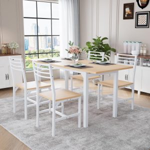 63” Extendable Dining Table Set for 4-6 People, 5-Piece Dining Table Set for 4 People with 4 Chairs