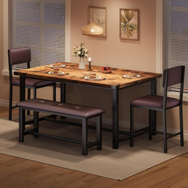 Dining Table Set for 4, Kitchen Table and 2 Upholstered Chairs with Bench, Wooden Rectangular Dining Room Set - Image 4