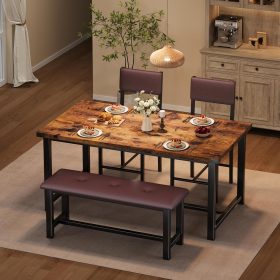 Dining Table Set for 4, Kitchen Table and 2 Upholstered Chairs with Bench, Wooden Rectangular Dining Room Set