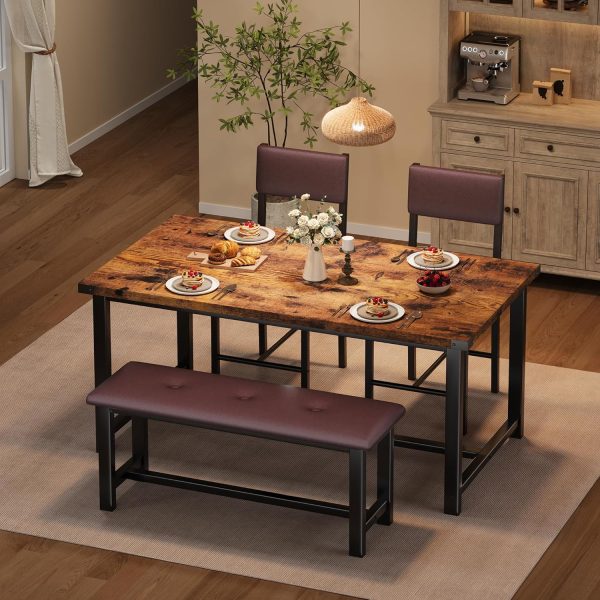 Dining Table Set for 4, Kitchen Table and 2 Upholstered Chairs with Bench, Wooden Rectangular Dining Room Set