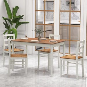 5-Piece Dining Set for 4, Solid Wood Rectangular Table & 4 Chairs wtih Rubber Wood Legs