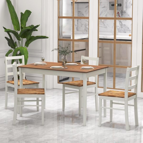 5-Piece Dining Set for 4, Solid Wood Rectangular Table & 4 Chairs wtih Rubber Wood Legs
