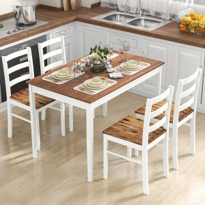 Dining Table Set for 4, Solid Wood, Farmhouse Dinette Set w/Rubber Wood Legs