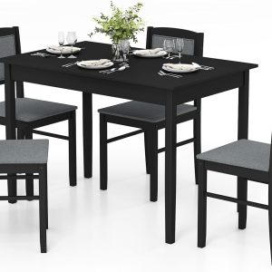 Dining Table Set for 4, Farmhouse Solid Wood Dinette Set w/Rubber Wood Legs, Upholstered Seat & Padded Backrest