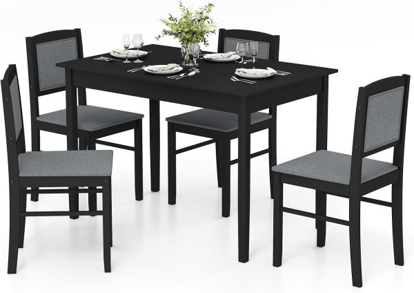 Dining Table Set for 4, Farmhouse Solid Wood Dinette Set w/Rubber Wood Legs, Upholstered Seat & Padded Backrest